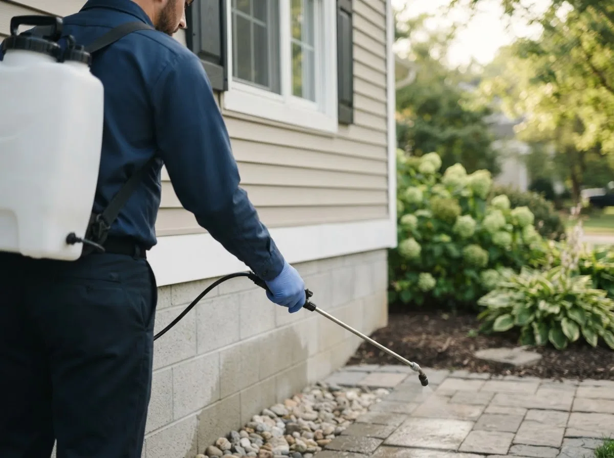 Pest control technician inspecting a home in Orchard, NE